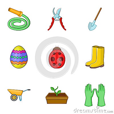 Spring gardening icons set, cartoon style Vector Illustration