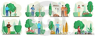 Spring gardening, people gardeners do work in yard. Agriculture organic garden tillage and farming Vector Illustration