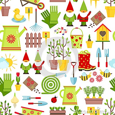 Spring and gardening seamless pattern. Tools, decorations and seasonal symbols of spring on a white background. Cartoon Vector Illustration