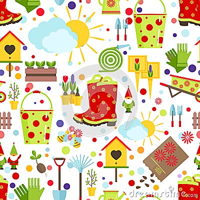 Spring and gardening seamless pattern. Tools, decorations and seasonal symbols of spring on a white background. Cartoon Vector Illustration