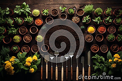 Spring gardening tools on fertile soil background from above, epitomizing planting concept Stock Photo
