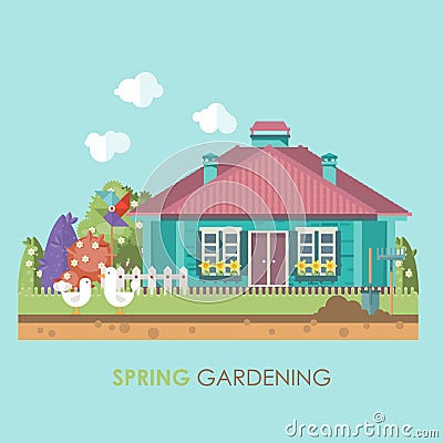 Spring gardening vector flat illustration in pastel colors with cute house Vector Illustration