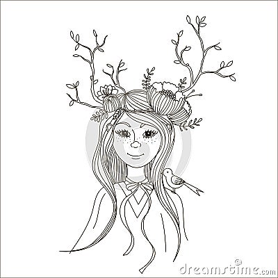 Spring girl with branches on his head in the form of horns. Vector Illustration