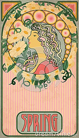 Spring girl, floral banner in art nouveau style, vector Vector Illustration