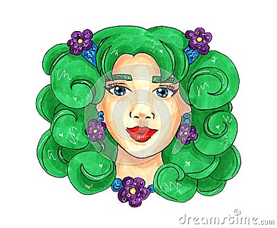 Spring girl with green hair and purple flowers. illustration for postcard or print Cartoon Illustration