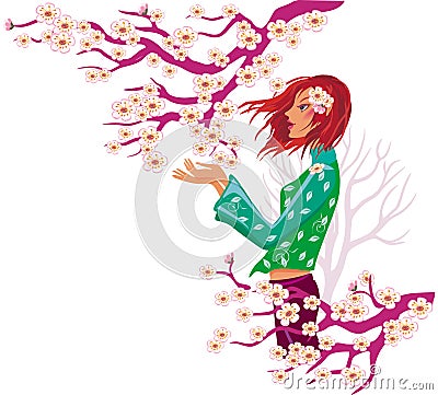 Spring girl and tree in bloom. Vector Illustration