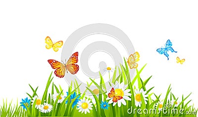 Beautiful spring background with a blue butterfly in flight and anemone flowers in a forest in nature. Delicate elegant dreamy air Stock Photo