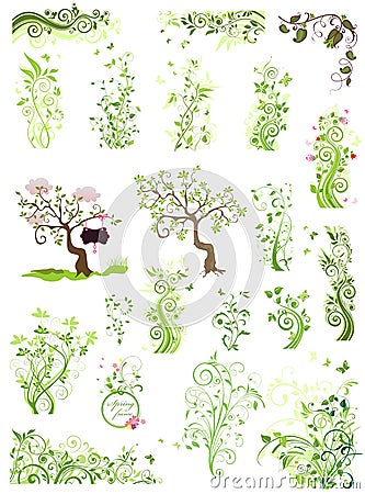 Spring green floral design elements Vector Illustration