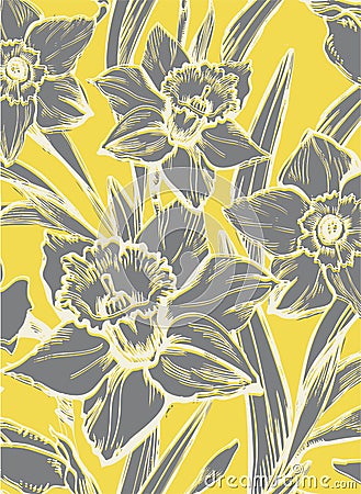 Spring greeting card with closeup gray silhouettes of daffodil flowers on yellow. Vector Illustration