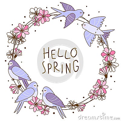 Spring greeting card with cute swallows and flowers Vector Illustration