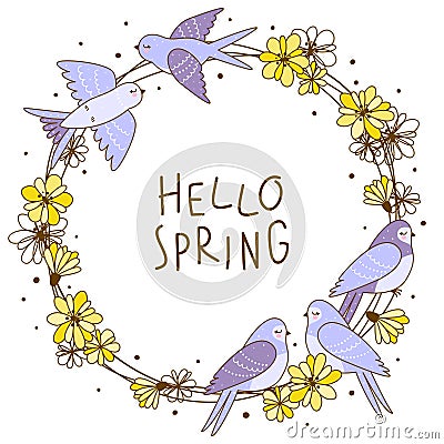 Spring greeting card with cute swallows and flowers Vector Illustration
