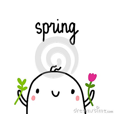 Spring hand drawn illustration with cute marshmallow holding flower and green plant Vector Illustration