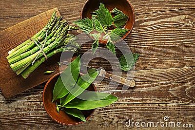 Spring healthy food with asparagus nettle and wild garlic Stock Photo