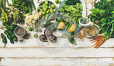 Spring healthy vegan food cooking ingredients, top view, copy space Stock Photo