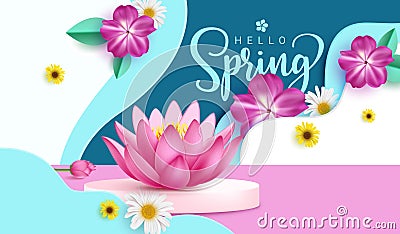 Spring hello greeting vector design. Hello spring text with lotus, periwinkle and daisy Vector Illustration