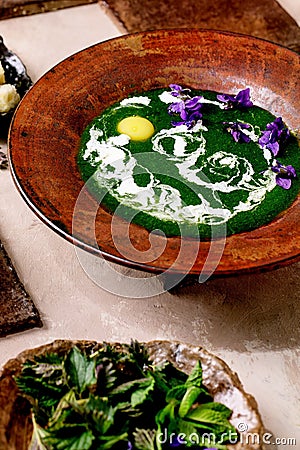 Spring herbasl nettle puree soup Stock Photo
