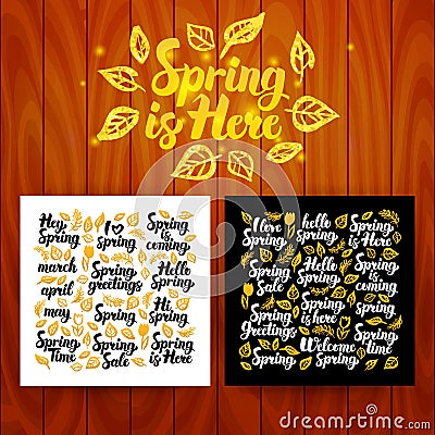 Spring is Here Lettering Postcards Vector Illustration