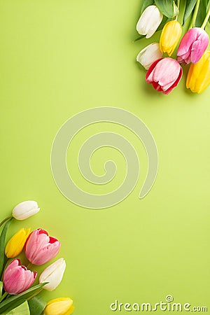 Top view vertical photo of fresh flowers bunches of colorful tulips on isolated light green background with empty space Stock Photo