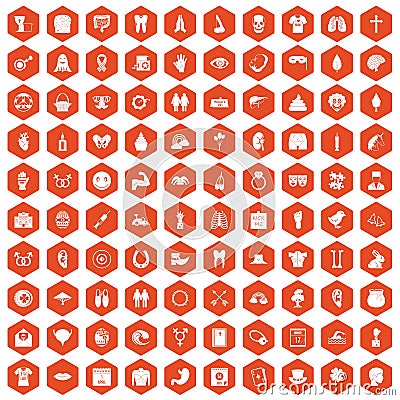 100 spring holidays icons hexagon orange Vector Illustration