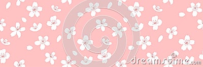 Spring horizontal background, seamless sakura texture with flowers and falling petals. Vector repeat for fabric and Vector Illustration