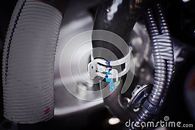 Spring hose clamps fasteners on the rubber tube. Stock Photo