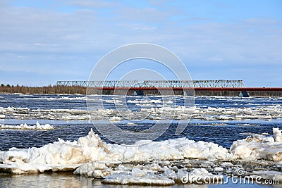 Spring ice drift on the Nadym river in the North of Western Siberia Stock Photo