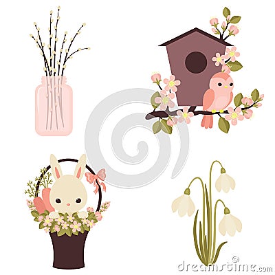 Spring icons. Flowers and animals. Four vector illustrations. Eps 10 Vector Illustration