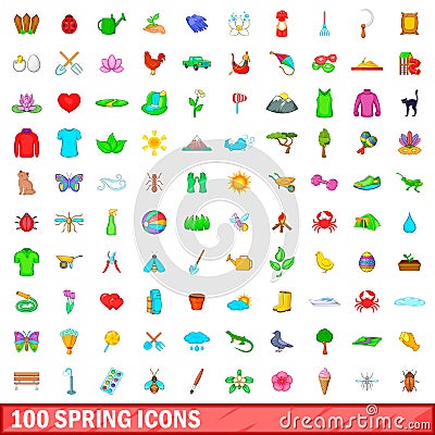 100 spring icons set, cartoon style Vector Illustration