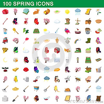 100 spring icons set, cartoon style Vector Illustration