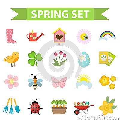 Spring icons set, flat style. Gardening cute collection of design elements, isolated on white background. Nature clip Vector Illustration