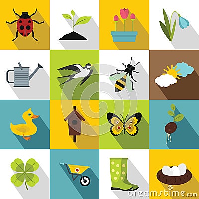 Spring icons set, flat style Vector Illustration