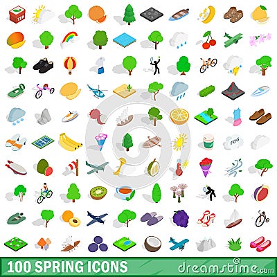 100 spring icons set, isometric 3d style Vector Illustration