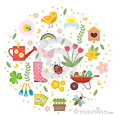 Spring icons set in round shape, flat style. Gardening cute collection of design elements, isolated on white background Vector Illustration