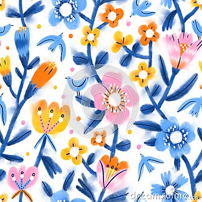 Spring inky bloom garden seamless pattern Cartoon Illustration