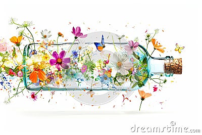 spring inside a bottle exploding spreading vivid colors flowers, Generative AI Stock Photo