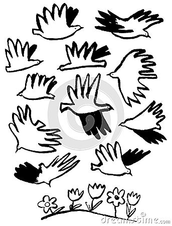 Spring inspirational doodle illustration. Crowd of dove birds fl Vector Illustration