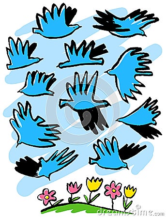Spring inspirational doodle illustration. Crowd of dove birds fl Vector Illustration