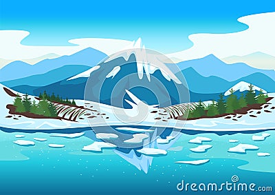 Spring landscape with a river, mountains in the snow, forest, fields, melting snow Vector Illustration