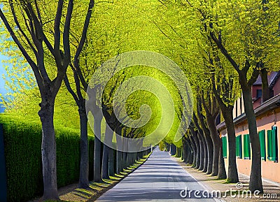 spring landscape. Alley with spring trees along the road in old europe. 3d illustration. Generative AI Cartoon Illustration