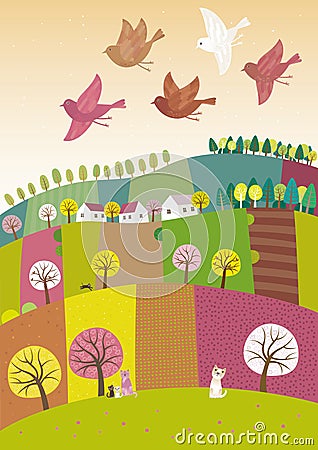 Spring landscape with birds flying Vector Illustration