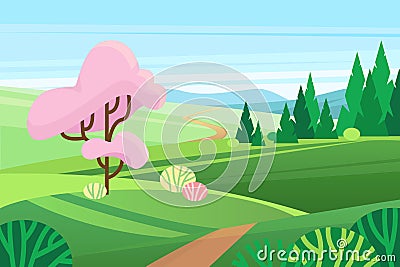 Spring landscape with cherry blossoms and green grass meadows on fields, village hills Vector Illustration
