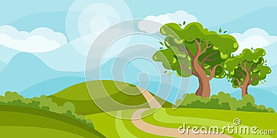 Spring landscape, country road and trees in fields and meadows on the sky, clouds and sun. Illustration, background Vector Illustration