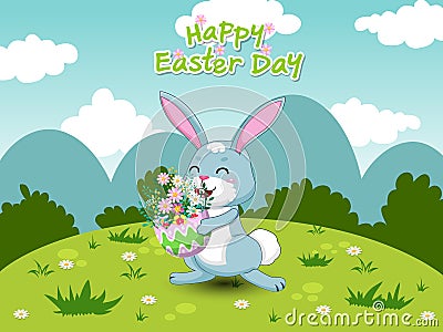 Spring landscape with cute cartoon rabbit and egg and flowers. Greeting Card. Vector illustration decorative element on Easter Day Vector Illustration