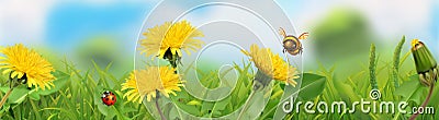 Spring landscape. Green grass and yellow dandelions. 3d vector panorama Vector Illustration