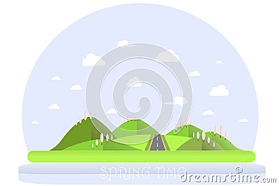 Spring landscape. Green hills, blue sky, white clouds, blooming pink trees, grey highway. Flat design Vector Illustration