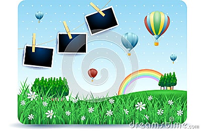 Spring landscape with meadows, balloons and photo frames Vector Illustration