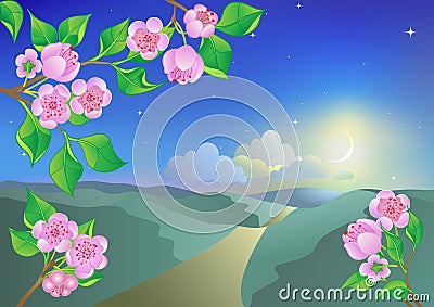 Spring landscape in moonlight night. Vector Illustration