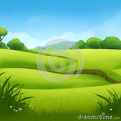 Spring landscape morning in valley with green meadow on hills, blue sky, Spring panorama grass land view , Countryside with green Stock Photo