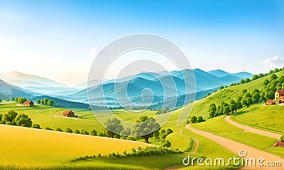 Spring landscape morning in village with green meadow on hills, orang and blue sky, Spring panorama view, Countryside, green field Stock Photo