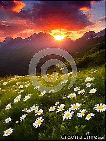 Spring landscape poppy field on background mountains with. Sunset sky, wildlife Vector Illustration